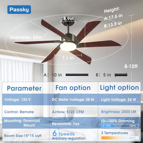 Image of Passky 52 Inch Black Contemporary Ceiling Fans with Lights, Remote Control | 3CCT dimmable light, quiet DC motor, reversible airflow; black contemporary style for bedroom and living room