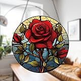 Generic 11.8 Inches Large Red Flowers Acrylic Window Hanging Decor Stained Glass Panels Rose Green leaves Wall Art Mural Suncatcher for Bedroom Garden Wall Decoration Gift for Mom Grandma Teacher