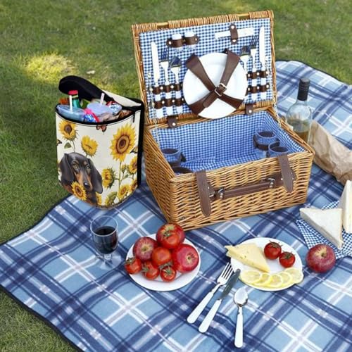 Image of Talayituse Dachshund Sunflower Butterfly Print Car Trash Can with Adjustable Straps, Foldable Car Trash Bag Bin Car Garbage Bag Multipurpose Storage Box for Vehicle Travel Camping Picnicing