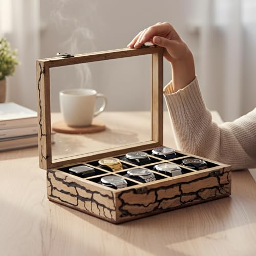 Image of Vintage Wooden Watch Box for Men, Timepiece Storage & Organizer, Watch Display Case, Jewelry Box for Women, Anniversary Gift for Husband (8 Grooves Fractal (Antique Wood))