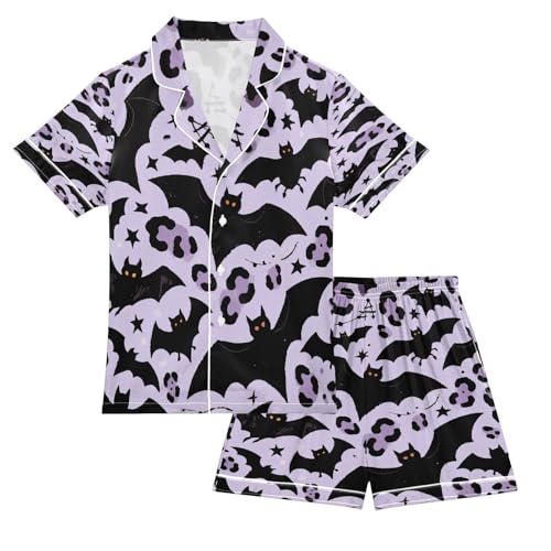 Satin Pajama Sets Short Sleeve Bats Leopard Halloween Pattern Button Down Silky Nightwear 2 Piece PJS 5-14Y