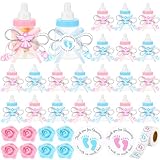 Vesici 61 Pcs Baby Shower Party Favors Set, 48 Mini Angel Milk Bottles 1 Roll Thanks Sticker 12 Artificial Roses for Newborn Baptism Party(Pink Blue)