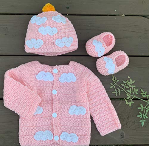 Newborn Cozy Warm Baby Sweater Set -Hand Made Baby Crochet Set -Pink/Blue Knit Cardigan With Booties & Hat Gift Set (0-6 Month, Pink White) #TOP6
