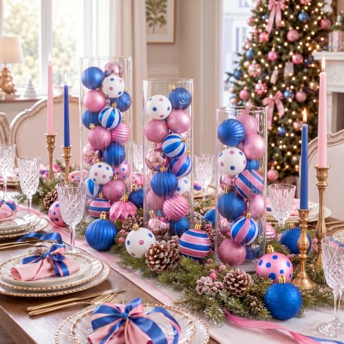 Image of Lunmon 64 Pcs Blue Pink Christmas Ball Ornaments Set Cartoon Xmas Baubles