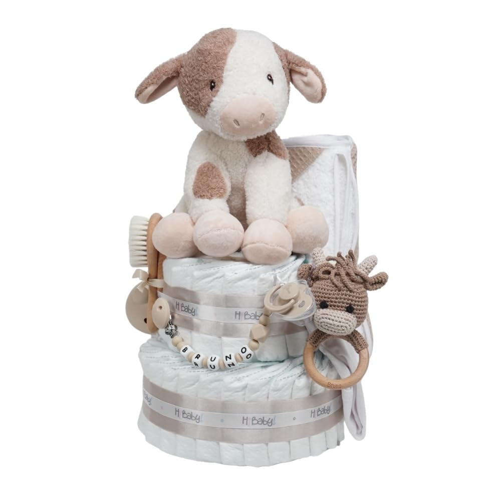 Tarta de pañales personalizada para bebé Vaquita Moo, Regalo Original para Baby Shower, Recién Nacido, Bautizo, Pañales D. Sensitive, Pastel de pañales