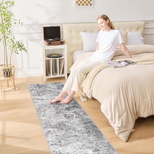 2X8 Washable Runner Rug for Hallway: Soft Neutral Modern Abstract Area Rug - Non-Slip Low Pile Long Throw Indoor Carpet for Kitchen Entryway Kitchen Bedroom Laundry - Grey