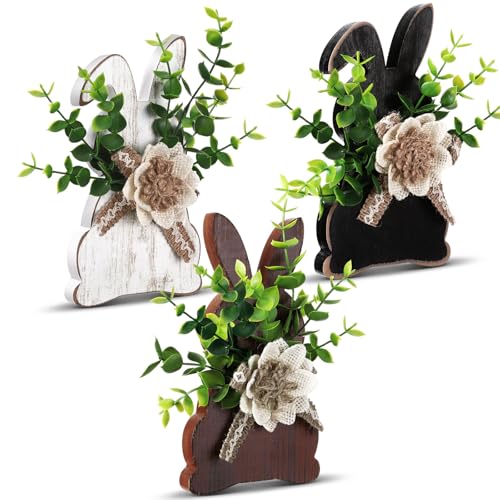 Yousoontic 3 Pcs Easter Table Decorations Rustic Easter Bunny Signs Table Centerpiece Spring Farmhouse Wooden Rabbit Decor with Flowers Antique Tabletop Decoration for Home(Style 1)