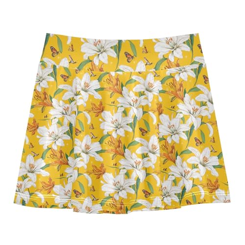 Retro Lily Yellow Flowy Girls Skorts with Shorts Cheer Skirt with Pockets Running Skirt for Little Girl