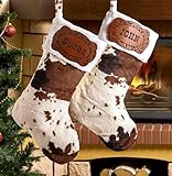 NICEDREAM Custom Leather Patch Name Western Christmas Stockings Personalized Cow Christmas Stocking Large Cow Print Stockings Farmhouse Christmas Stockings Cowboy Country Style Christmas Stockings