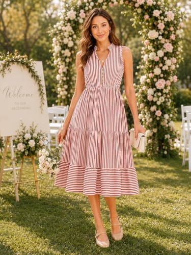 Image of BROVAVE Womens 2026 Summer Sleeveless Shirt Dress Collar Striped V Neck Casual Midi Dresses
