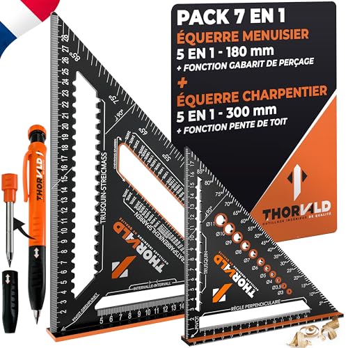 THORVALD Pack 7 en 1 Equerre Menuisier 180 mm + Charpentier 300 mm + Crayon Chantier - Multifonction : Trusquin/Raporteur/Pente de toit/Equerre a chapeau -...