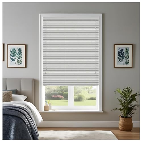 Image of J.Din Made to Measure Blinds, Faux Wood Venetian Blinds with String 50MM Slats Easy Fit Windows Treatments Blind (Grey, 240cm Width x 150cm Drop)