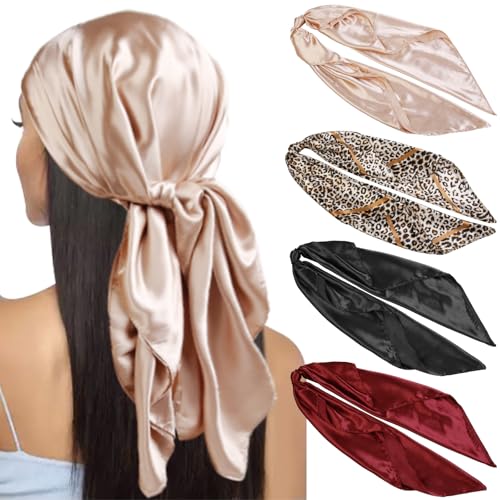 WOVOWOVO 35” Large Satin Square Head Scarf, 4PCS Silk Like Neck Scarf Hair Sleeping Wraps Satin Silk Scarfs for Women