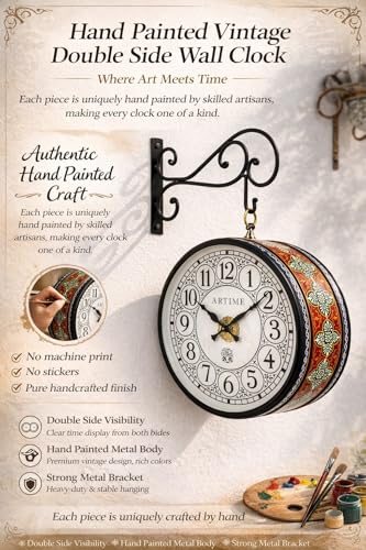 Image of Hand Painted Vintage Wall Clock, 12 inch, Double Side | Metal, Analog