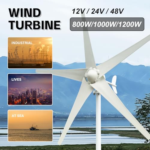 Kit de turbina eólica doméstica pequeña de 800W-1200W 12V/24V/48V, 5 aspas de aluminio duraderas con controlador de carga para carga de energía renovable marina fuera de la red