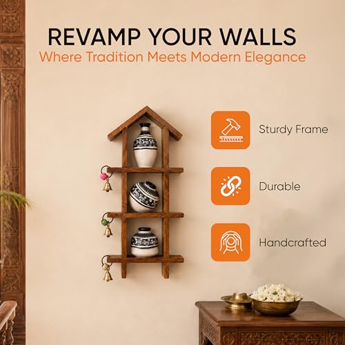 Image of AAKRITI ART CREATIONS Warli White Pots Wooden Wall Ladder Decor