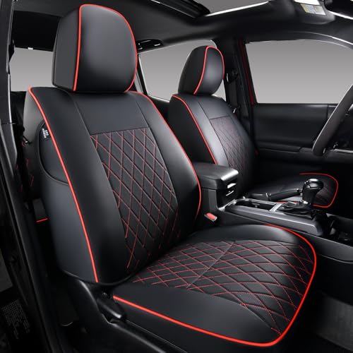 Image of Coverado Tacoma Front Seat Covers, Leather Seat Covers for Cars Custom Fit for 2016-2023 Toyota Tacoma Double & Crew Cab, Waterproof Covers Seat Protector (Front, Red)