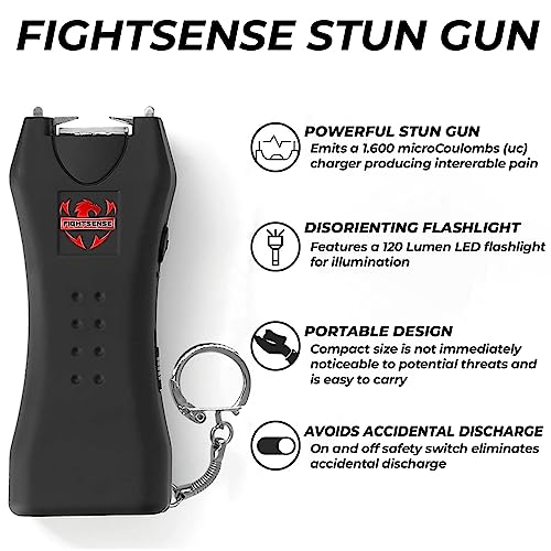 FIGHTSENSE Super Heavy Duty Keychain Stun Gun with Flashlight for Men and Women self Defense Device, Rechargeable Stun Gun, Nylon Holsters (Black USB)