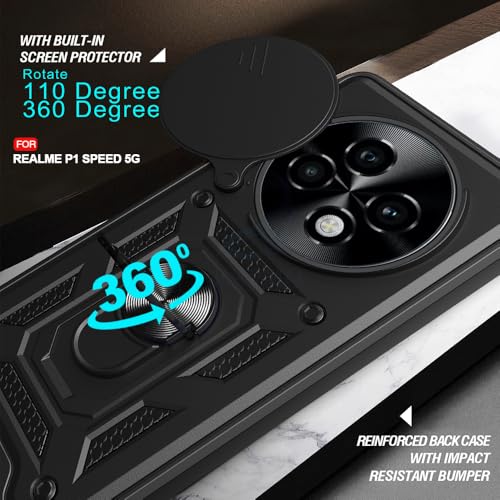 Image of AESTMO Tough Armor Realme P1 Speed Bumper Back Case Cover | Ring Holder & Sliding Camera Shield Cover | 360 Degree Protection Back Case Cover for Realme P1 Speed (Black)