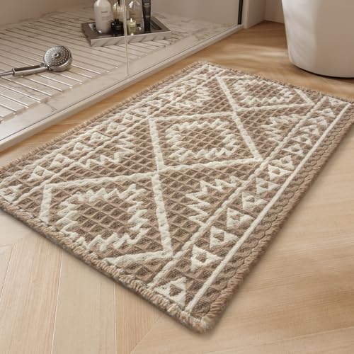 PADOOR-Waffle Bath Mat-Super Absorbent Bath Mats for Bathroom, Machine Washable Non Slip Bathroom Rug with Tassels, Soft Bathroom Mat for Laundry Room, Bedroom, Brown & Cream, 17"x28"