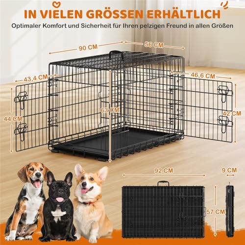 Yaheetech Hundekäfig 90 x 56 x 63 cm klappbar mit Trennwand, 2 Türen, Hundebox für zuhause mit ausziehbare Bodenschale, Transportkäfig Auto, Hundetransportbox Drahtkäfig für Hunde Welpe, L, Schwarz