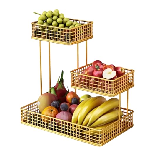 Image of 4 Tier Fruit Basket for Kitchen | Space Saving Decorative Kitchen Organizer | Multi-Layer Dining Table Organizer for Fruits, Snacks & Jars (3 Tier - Gold)