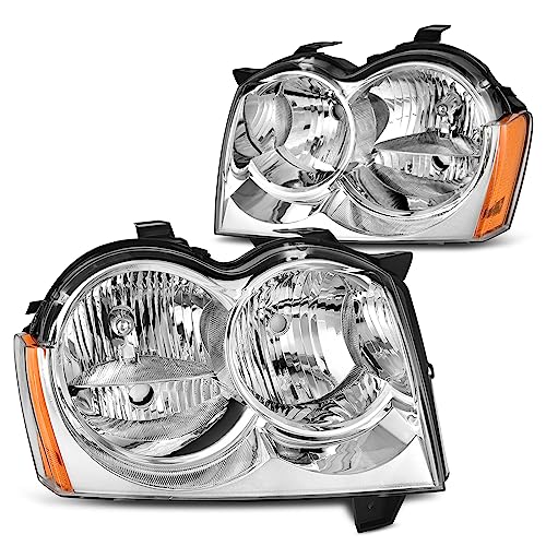Headlight Assembly Compatible with 2005 2006 2007 Jeep Grand Cherokee Headlights, 05-07 Headlamp Chrome Housing Clear Lens Amber Reflector (Passenger and Driver Side)