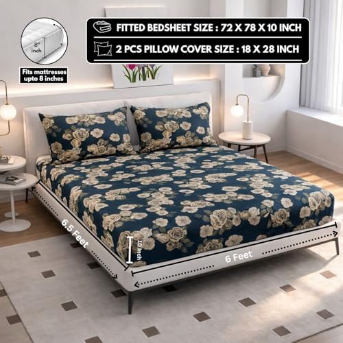 Image of Elastic Fitted King Size Bedsheet Cotton for Double Bed | 72 inchx78 inch +10 Inch, Floral, Soft & Breathable, Fade & Shrink Resistant, 2 Pillow Covers | Midnight Rose Elegance, Navy Blue