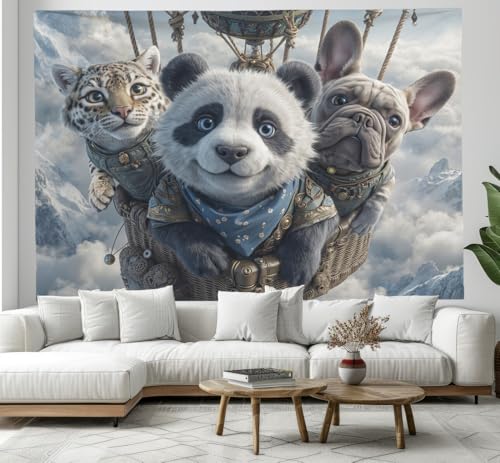 Tensure panda en montgolfière pour décorer un salon ou une chambre de dortoir