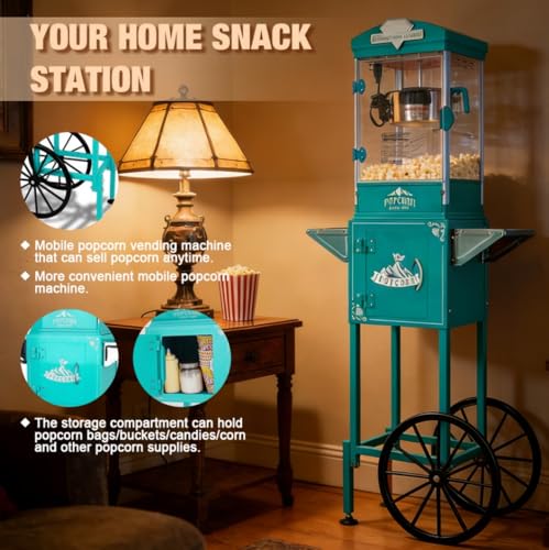 Image of Popcorn Machine with Cart,Wheels & 10 Oz Kettle Popcorn Maker Measuring 3 plastic spoon Home Theater Popcorn Machine-Cyan