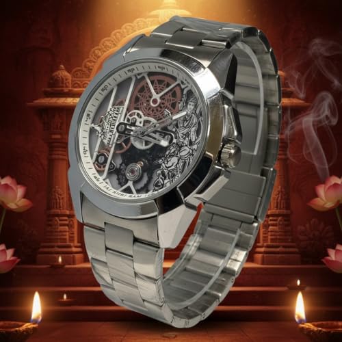 Image of Shree Ram Skeleton Watch, Ayodhya Mandir Theme, Mechanical Look Quartz, Stainless Steel Metal Bracelet, Round Dial with Deity Engraving for Man and Boyes