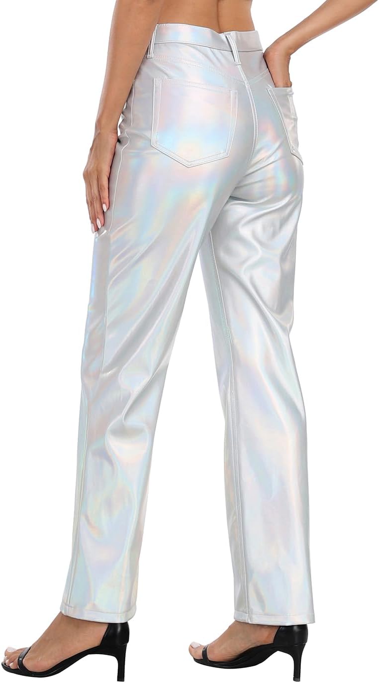 HDE Women's Shiny Metallic Faux Leather Pants High Waisted Straight Leg Trousers - Image 5
