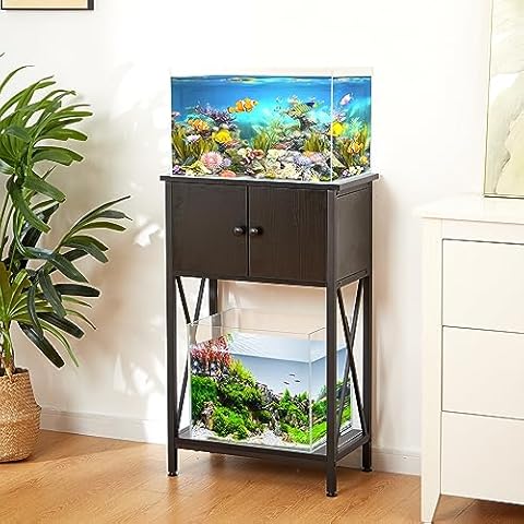LAQUAL 10 Gallon Fish Tank Stand with Cabinet, and 10 Gallon Ultra Clear Glass Fish Tank, Double Aquarium Stand for 10 & 5 Gallon Fish Tank, Rimless Low Iron Aquarium for Betta/Nano/Goldfish/Snail Cover