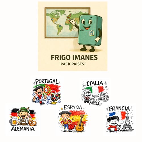 Pack de 5 imanes Decorativos para Nevera o Pizarra magnética. Medidas 7x7 cm | Diseños Divertidos y Originales | Regalo Ideal para casa, Cocina u Oficina – Frigo Imanes (Paises)