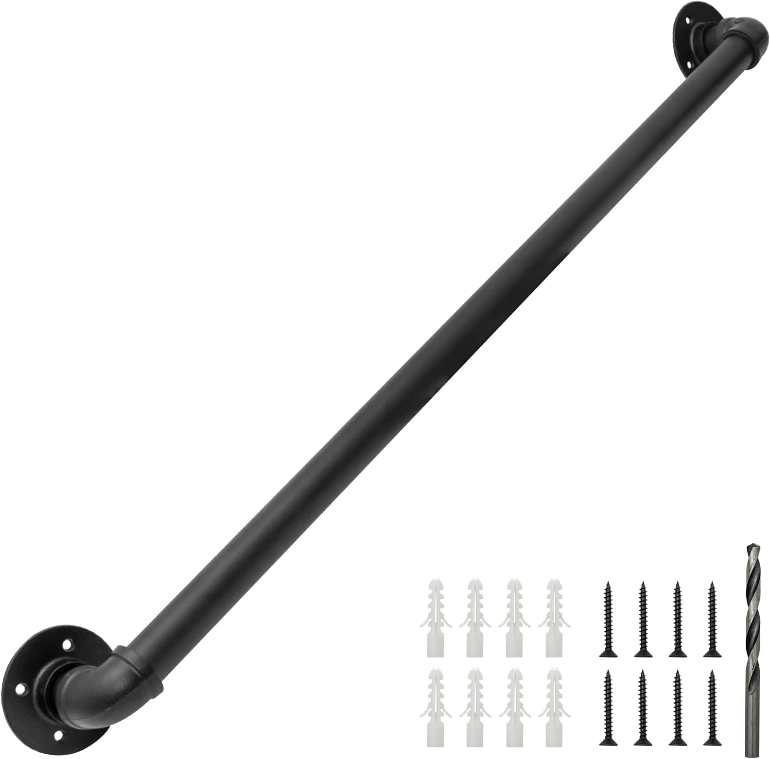 PNBO Industrial Staircase Railing, 3FT/90CM, Black Powder Coated Galvanized Pipe Handrail for Indoor Stairs