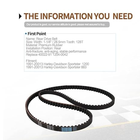 Rear Drive Belt 128T 1-1/8 Compatible with Harley Davidson Sportster 883 1200 Hugger XL XLH 883C 1200C 1200S 1991-2003 Replace 40022-91 1204-0042 58-420