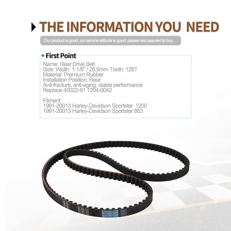 Rear Drive Belt 128T 1-1/8" Compatible with Harley Davidson Sportster 883 1200 Hugger XL XLH 883C 1200C 1200S 1991-2003 Replace 40022-91 1204-0042 58-420