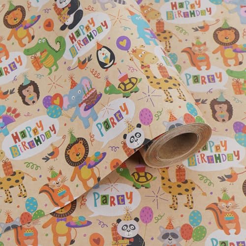 Aimyoo Safari Animals Kids Kraft Birthday Wrapping Paper Jumbo Roll, Cute Happy Birthday Gift Wrap Paper 17 in x 32 ft