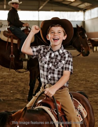 Image of COSLAND Boy's Toddler Cotton Western Short Sleeve Button Down Plaid Shirt, 4-14 Years