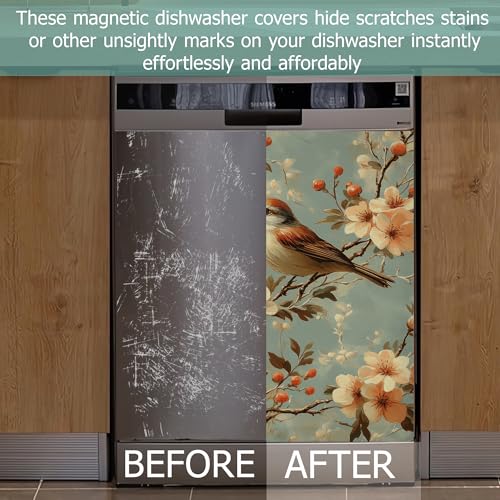 Image of Dishwasher Magnets Decorative Cover,Cute Bird Refrigerator Magnet Cover,Washable Spring Flowers Dishwasher Front Panel Cover Home Kitchen Decoration 23x26 Inch
