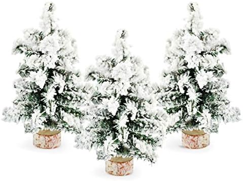 AuldHome Mini Christmas Trees (3-Pack, 8-Inch, Flocked); Canadian Pine Greenery Tabletop Holiday Decor