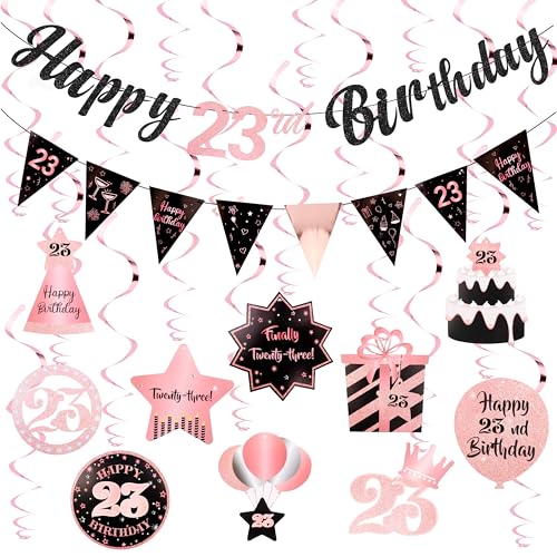 Image of 23rd Birthday Decorations for Women Rose Gold Pink Pre Strung Happy 23rd Birthday Banner and Hanging Swirls 23 Year Old Party Decorations Supplies