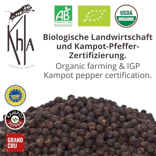 Khla - Kampot Pfeffer Schwarz Bio 100g - Schwarzer Pfefferkörner Ganz Biologisch - Grand Cru - Zutat Küchen - Direkt vom Erzeuger - Schwarze Körner Ganze für Mühle - Herkunft Kambodscha