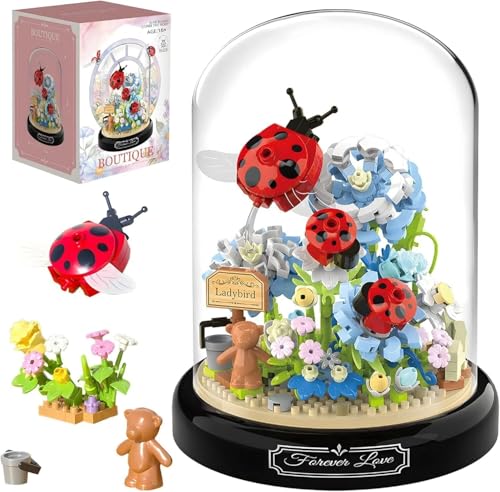 Ladybug Flower Bouquet Building Block Set Insect Flowers Plants Decor with Dust Cover Creative DIY Animals Plants Bonsai Collection Building Kit Home Office Decor Gifts for Adults Teenager aged 16+