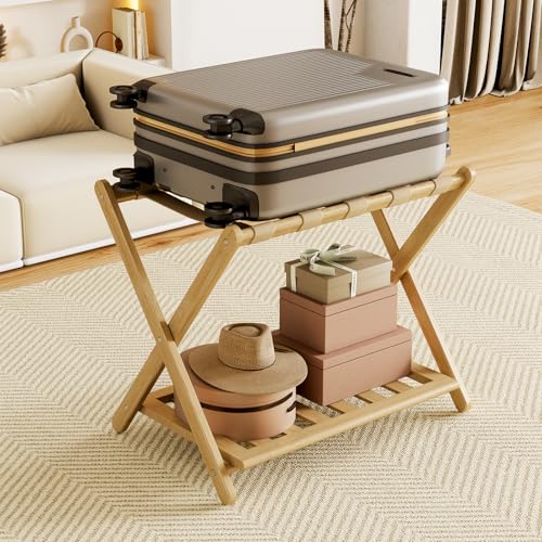 Fully Assembled Luggage Rack, 26.77" Luggage Rack for Guest Room, Bamboo Folding Suitcase Stand with Storage Shelf, 5 Nylon Straps, Heavy Duty Luggage Holder for Bedroom Hotel, 1 Pack, Natural