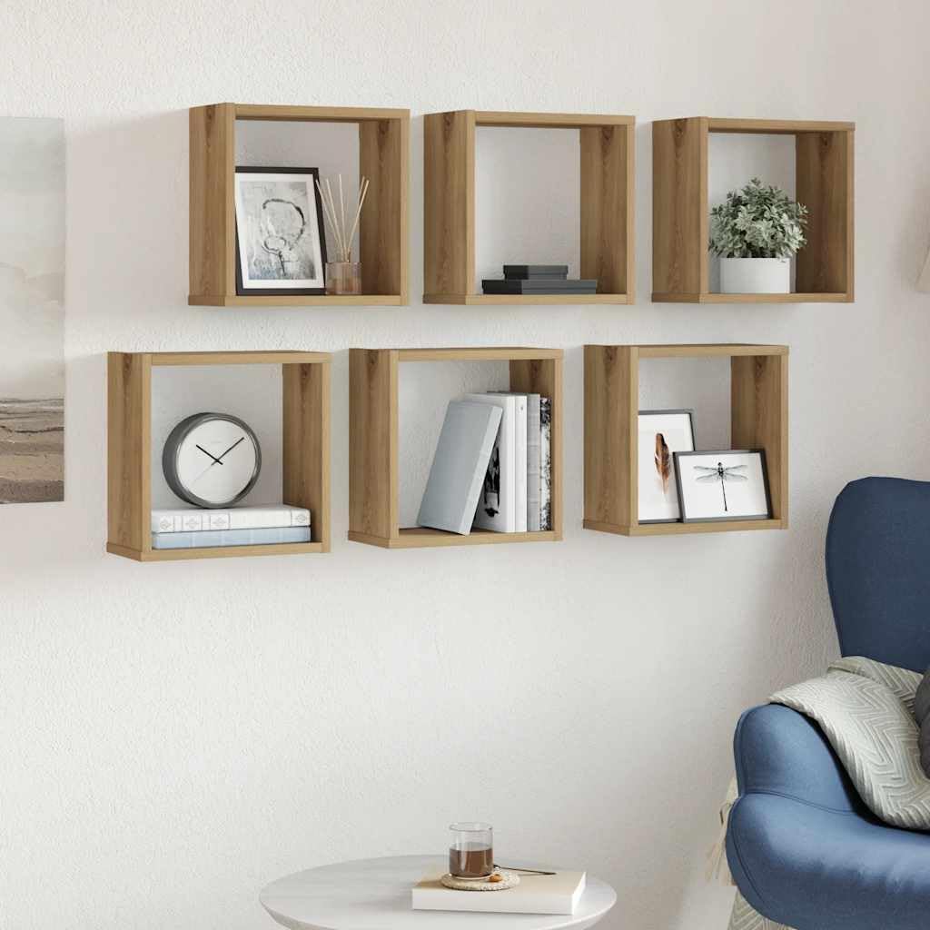 Set di 6 scaffalature a cubo in legno di quercia artisan, 30 x 15 x 30 cm, pratica mensola da parete con design moderno per libri decorazioni e piante