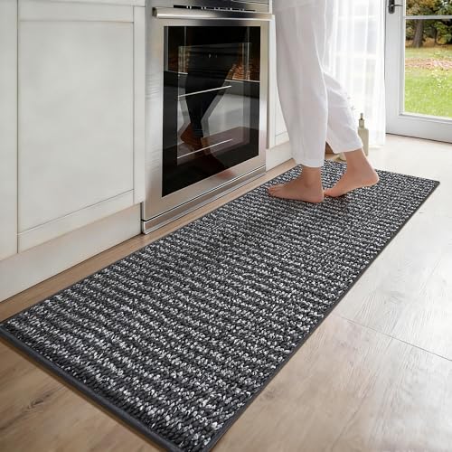 JSEI Kitchen Runner Rugs, 17''x60'' Non-Slip Kitchen Mats for Floor, Machine Washable Absorbent and Stain Resistant Kitchen Rug, Carpet Mats with TPR Backing for Kitchen, Charcoal Charcoal 1