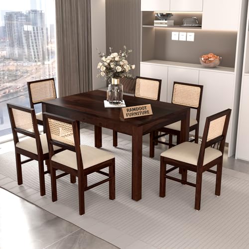 Image of 55 Inch Length Solid Wood Cane 6 Seater Dining Table Set | Six Seater Dining Table With 6 Cushions Chairs For Dining Room | 6 Seater Dining Set for Hotel Restaurant | Sheesham, F-Walnut