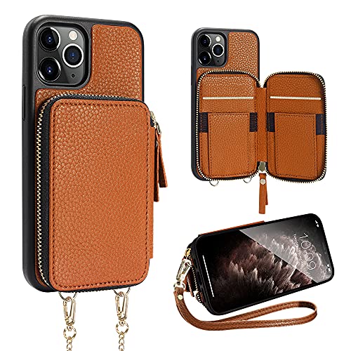 Buy 2 get 3 iPhone 11 Pro Wallet Case, ZVE Zipper iPhone 11 Pro Case with Card Holder Slot Crossbody Chain Strap Purse Wrist Strap Leather Protective Bumper Cover for Apple iPhone 11 Pro 5.8 inch - Brown