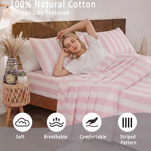 Image of Merryword 100% Cotton Sheet Set Full Size - Pink and White Stripes Bedding, Soft Breathable Percale Weave, Wide Stripe Deep Pocket Sheet 17.5 inch, Luxury Linen Like, 4-Piece All Season Bedding